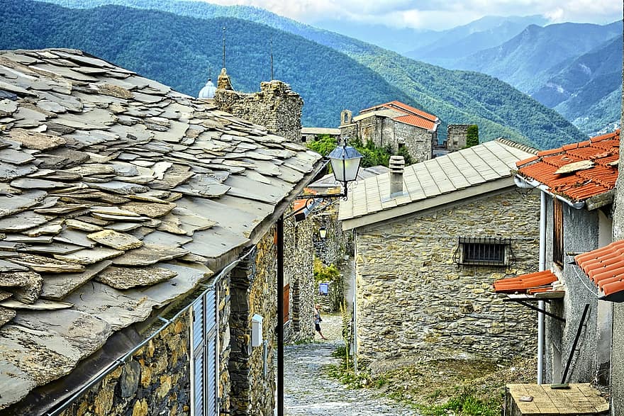 cittadina, villaggio, case, casa, tetto, architettura, tegola, vecchio, culture, esterno dell'edificio, montagna