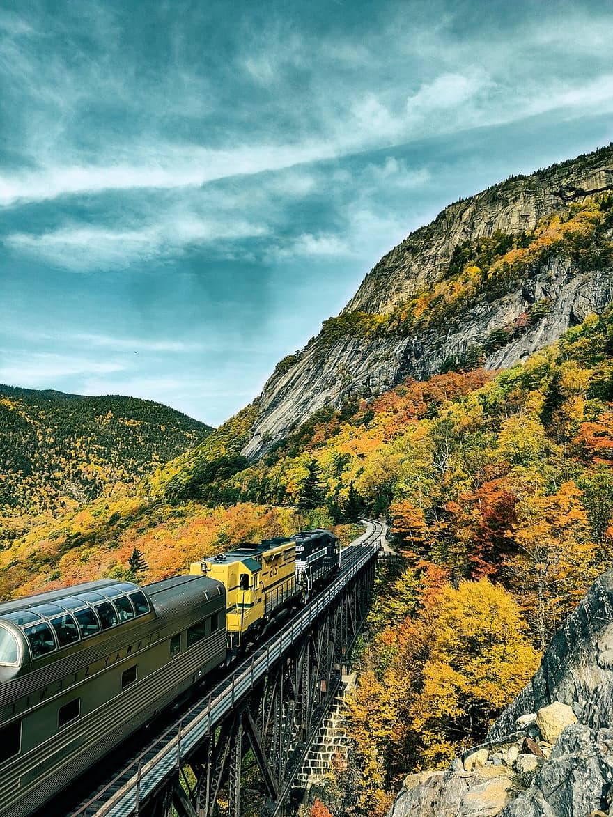 vonat, vasút, hegyek, vasúti pálya, hegy, szállítás, utazás, szállítási mód, tájkép, ősz, erdő