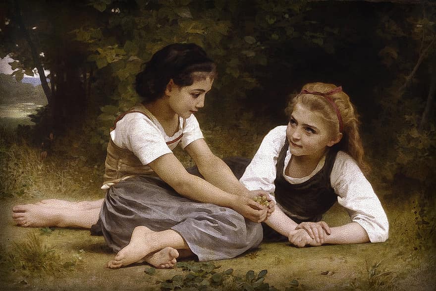 Nøttesamlerne, jenter, maleri, Kunst, William-Adolphe Bouguereau, barn, Bouguereau, kreativitet, familie, sitter, barndom