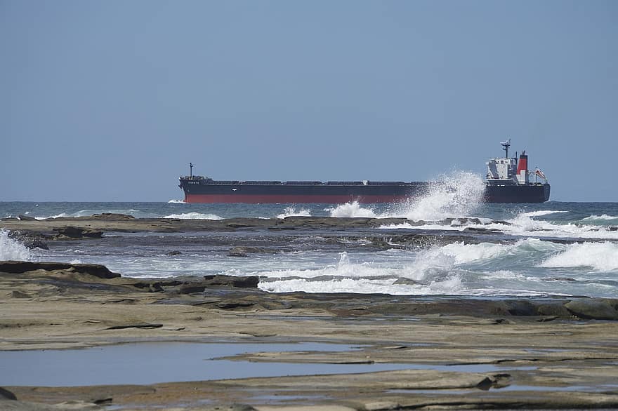 кораб, петролен танкер, море, вълни, крайбрежие, скали, танкер, товарен кораб, транспорт, океан