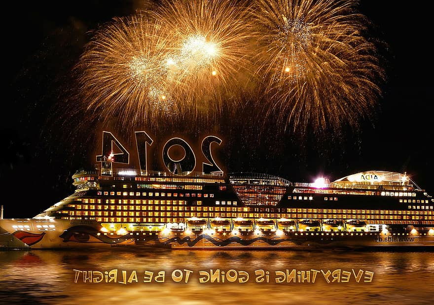 Aida, Cruise Ship, 2014, New Year's Day, New Year's Eve, Year, Sea, Night, Vacations, Water, Fireworks