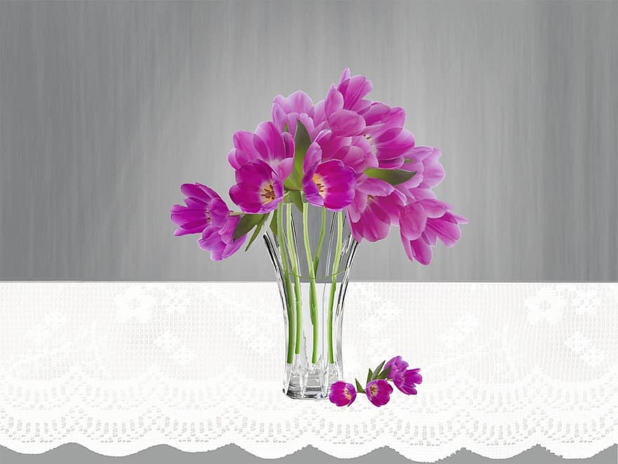 лалета, цветя, венчелистче, ваза, бродерия, лилаво, тъмно розово