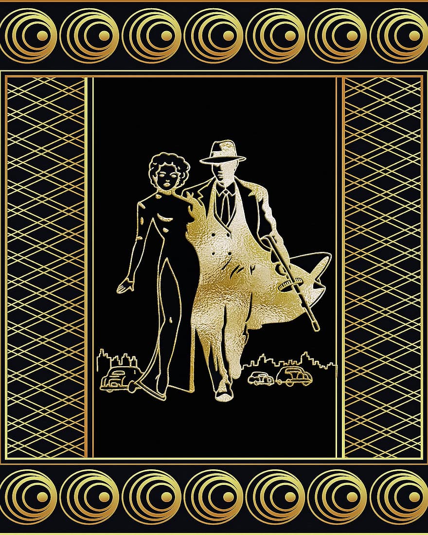 Gangster-par, art Deco, Brølende 20'ere, 1920, deco, retro, ramme, guld, brølende tyverne, invitere, kort