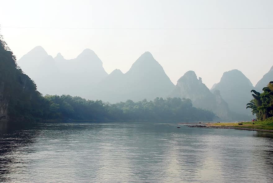 ली नदी, पहाड़ों, नदी, कोहरा, प्रकृति, दृश्यों, चीनी के टुकड़े, धुंध, बादलों, पेड़, पानी