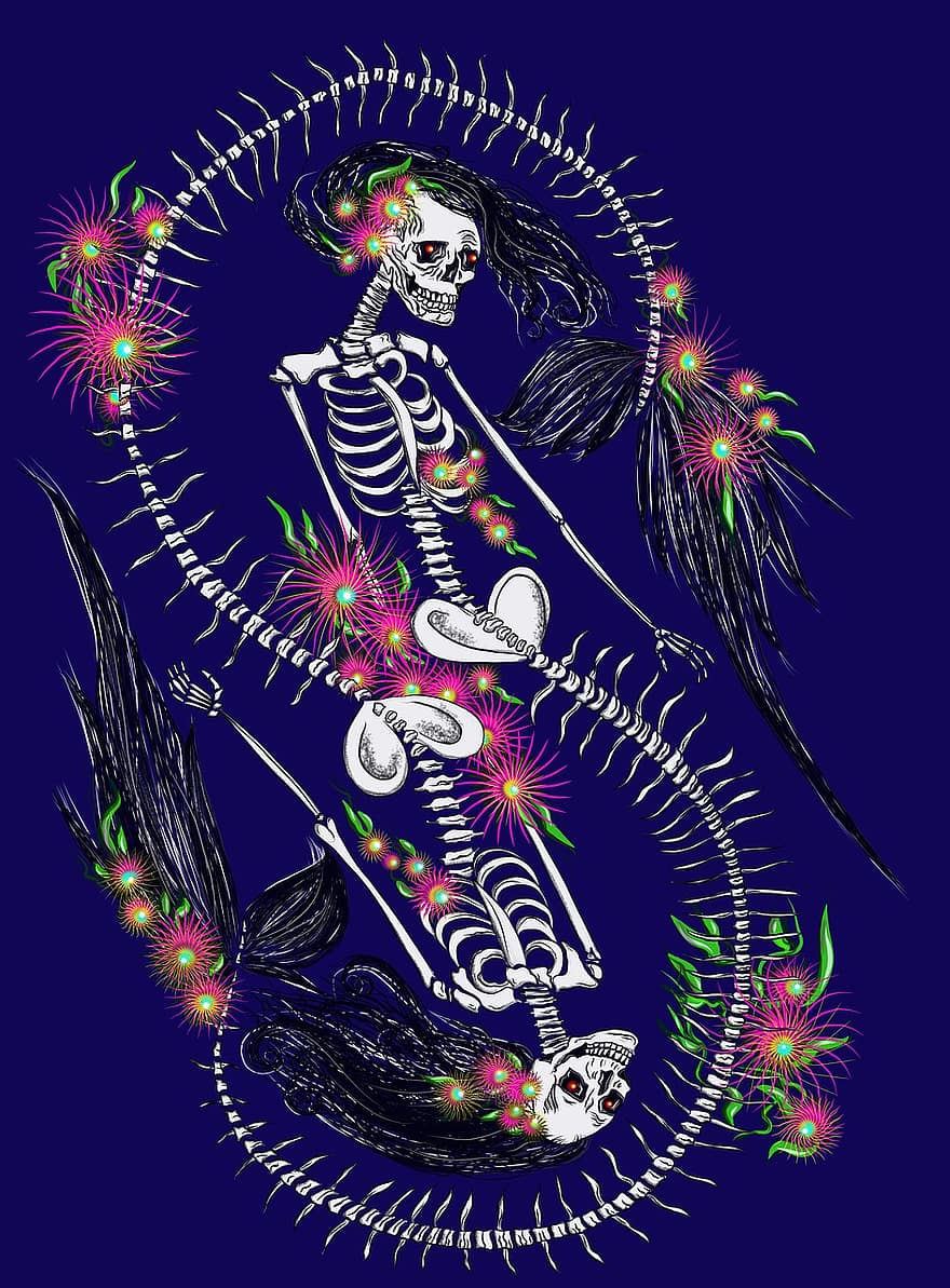 Скелет на русалка, цветен, Флорален череп, цветя, скелет, цвете, готически, смърт, черепи, Хелоуин, Розов череп
