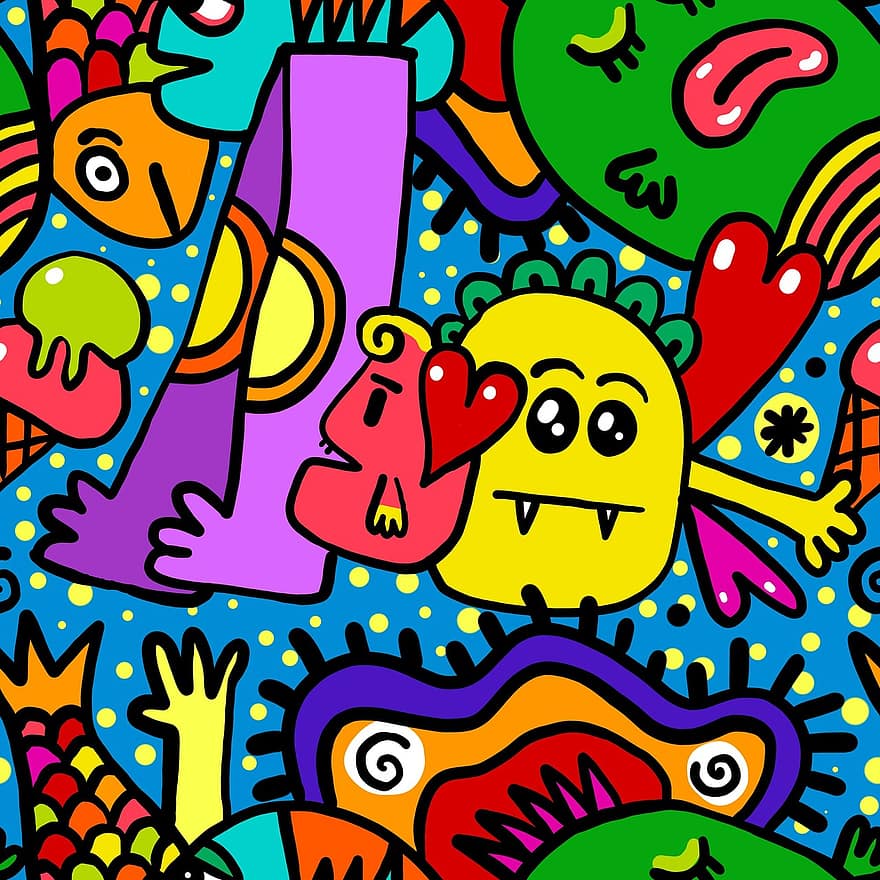 Cartoon, Doodle, Pattern, Abstract, Background, Seamless, Repeating, Shapes, Funny, Cute, Colourful