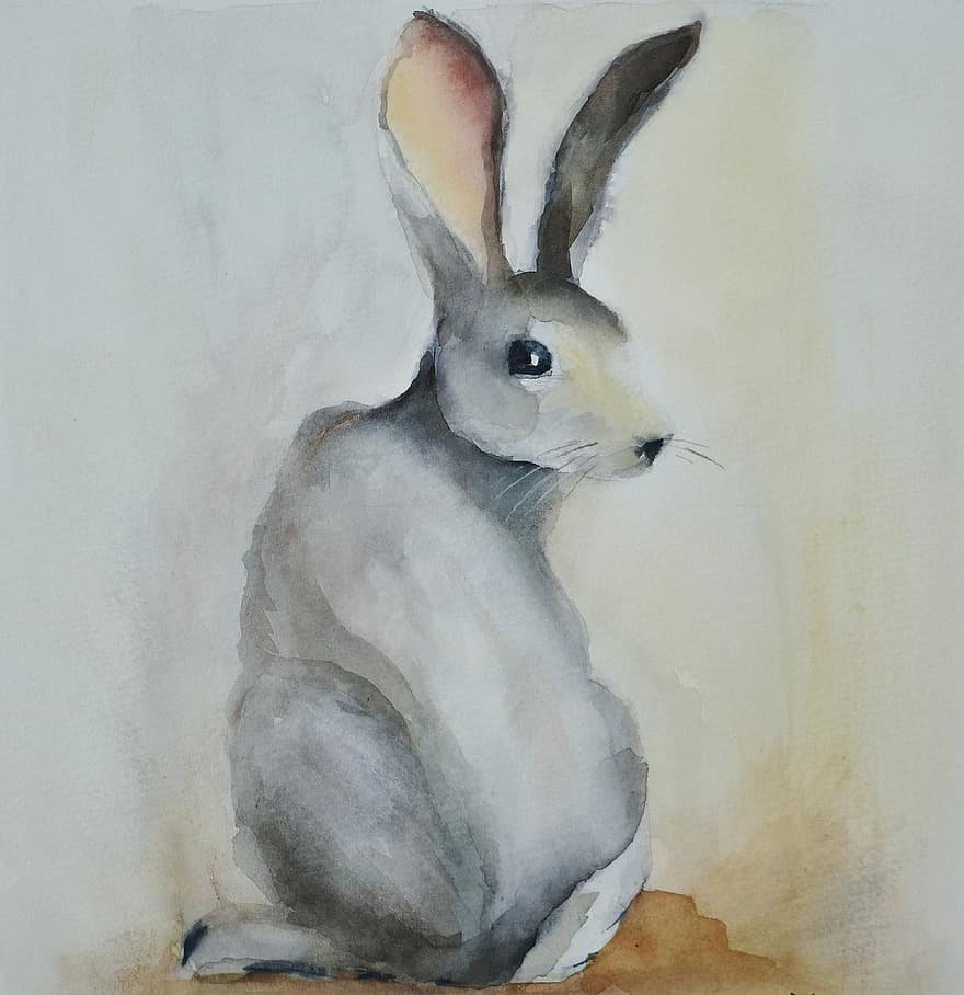 ペインティング、アート、水彩、肖像画、動物、野ウサギ、灰色の芸術、灰色の絵、グレーペイント