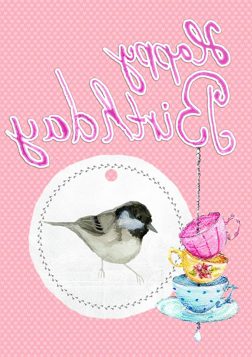 счастливый, день рождения, карта, приветствие, розовый, птица, девушка, чайная чашка, праздник, событие, с Днем рожденья
