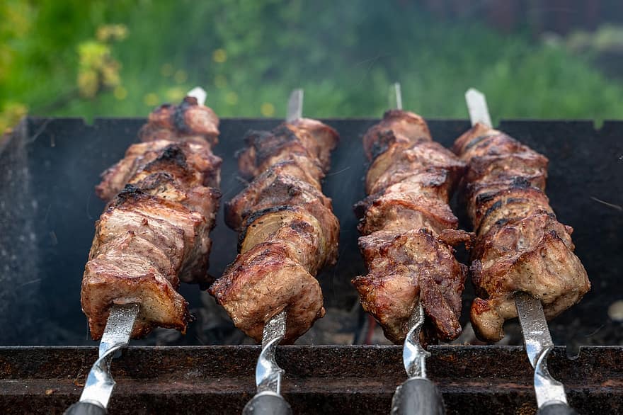 shish kebab, hús, mangal, nyárs, táplálás, sütés, szenek, piknik, rostély, hús nyárs, grillezett hús