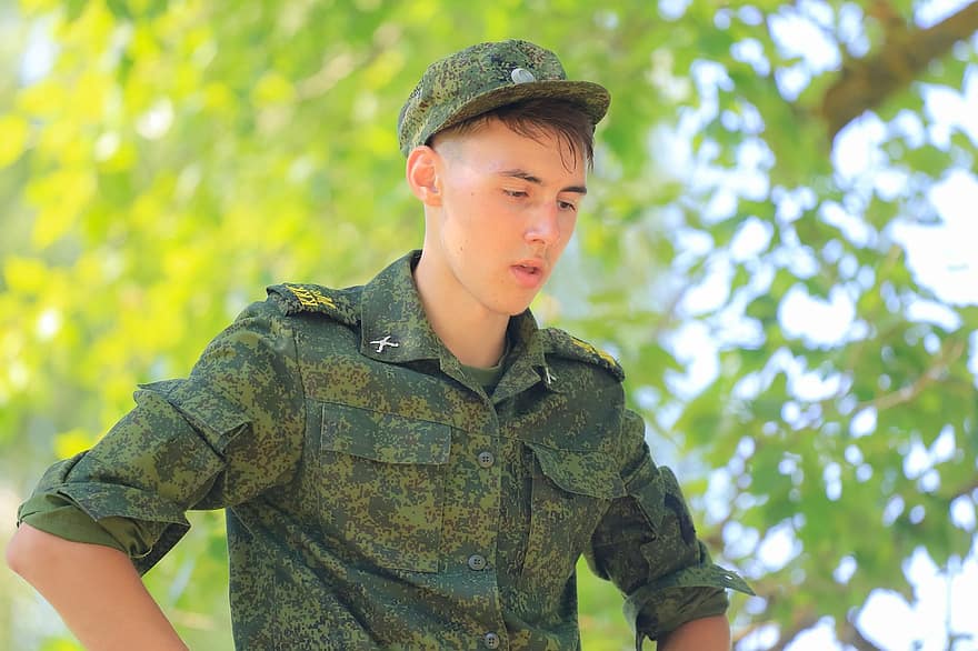 cadet, jongen, uniform, camouflage, jeugd, man, jong, buitenshuis, zomer
