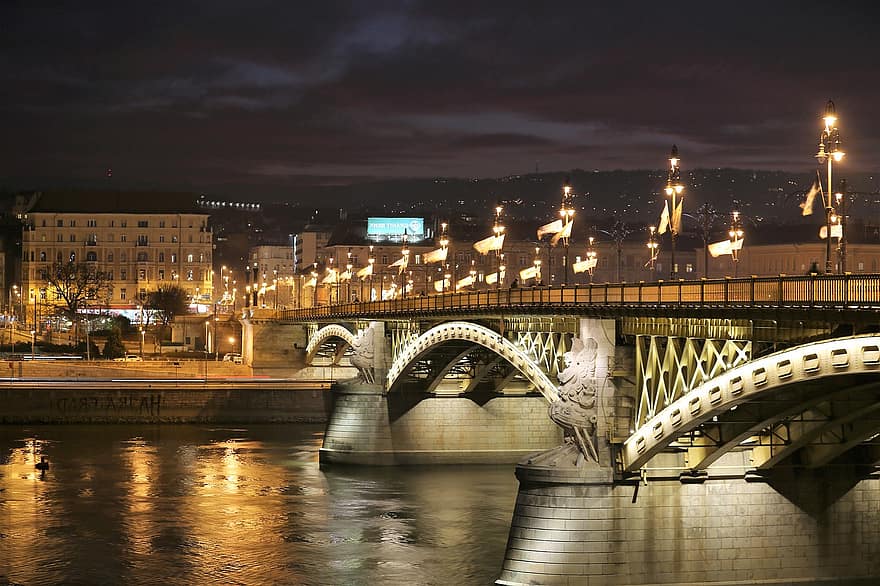 ponte, rio, cidade, Budapeste, Hungria, arquitetura, viagem, noite, lugar famoso, crepúsculo, paisagem urbana