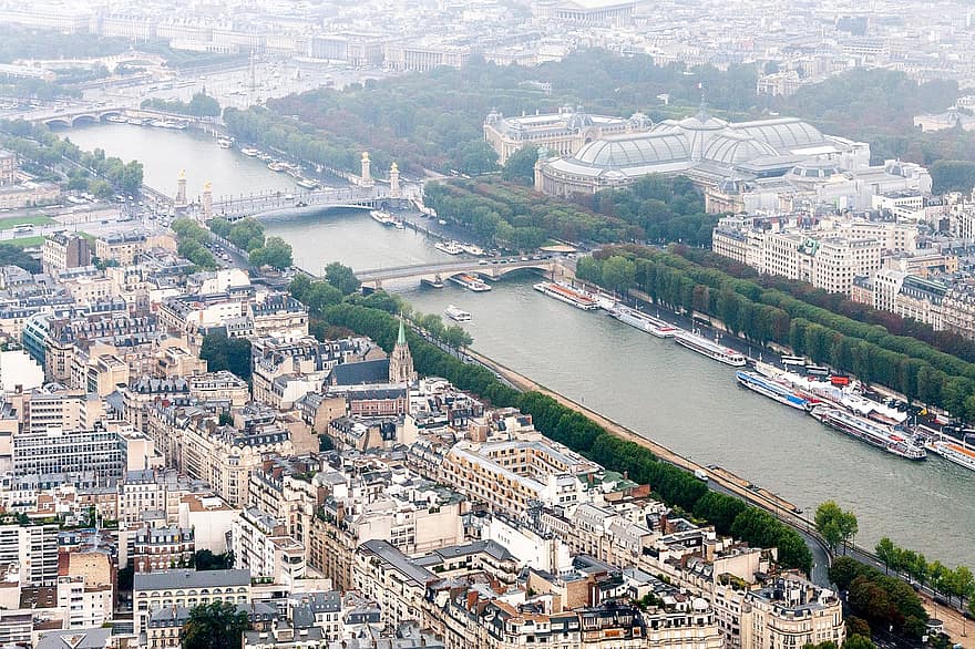 Paris, Rio Sena, cidade, rio, vista aérea, prédios, paisagem urbana, Europa, urbano