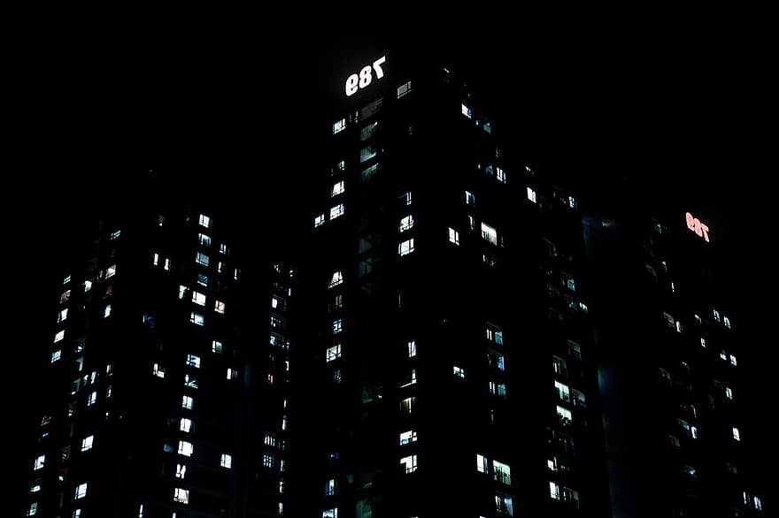 bygninger, ejerlejlighed, nat, lys, skyskrabere, lejligheder, beboelse, by-, by, mørk