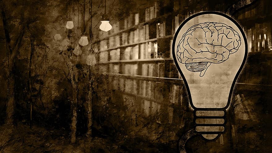 fona, spuldze, smadzenes, prātā, vintage, grāmatas, bibliotēka, tumšs