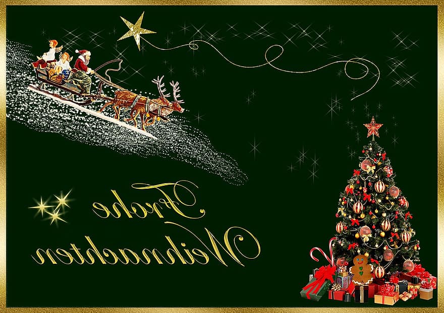 julkort, god Jul, julhälsning, grön, guld-, gran, glida, stjärna, festlig, dekorerad, gåvor