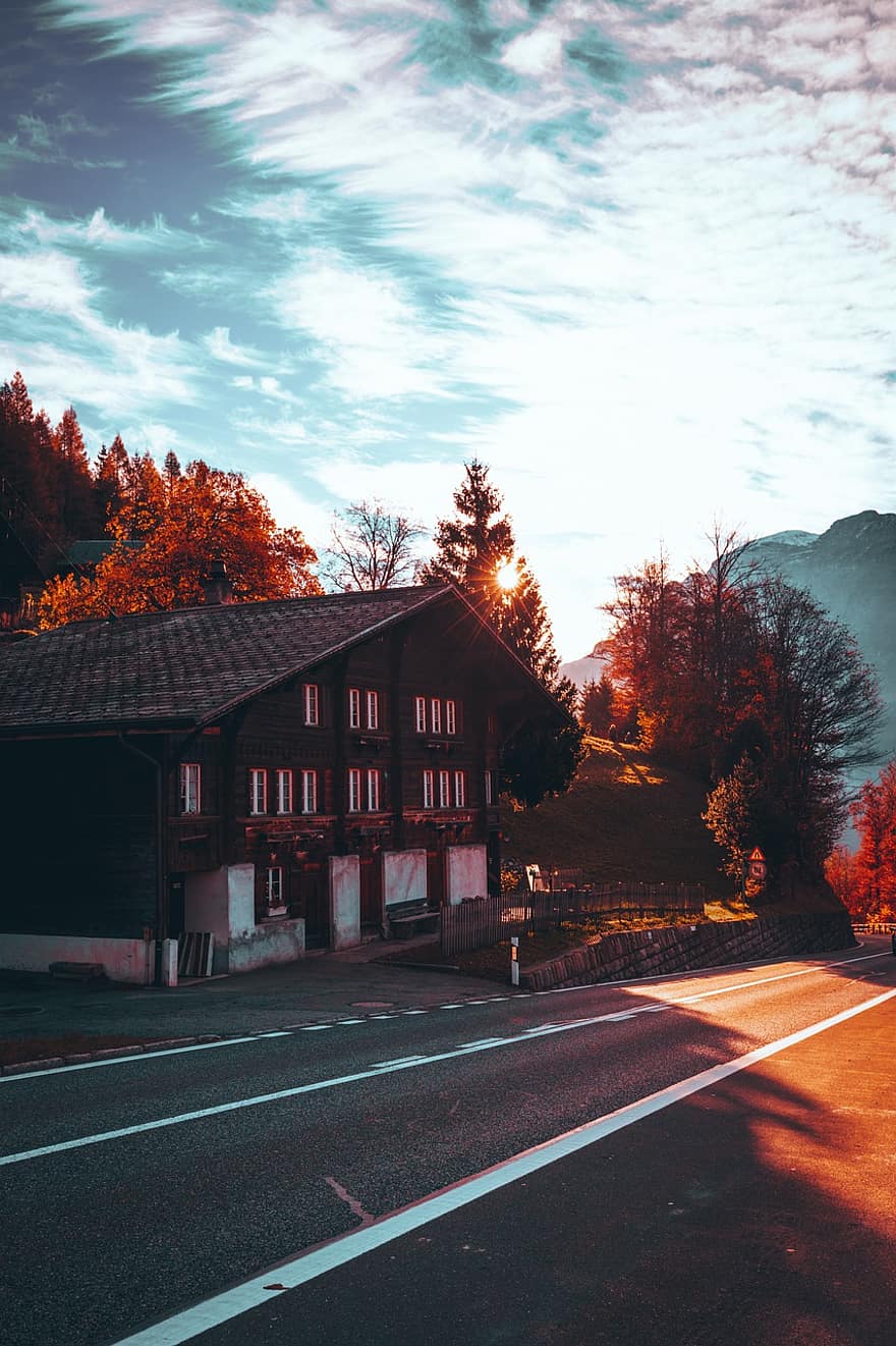Droga, jesień, Wieś, Natura, Góra, Szwajcaria, scena wiejska, drzewo, krajobraz, zmierzch, architektura