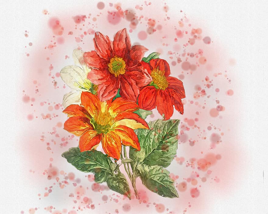 수채화 그림, 꽃들, 붉은 꽃