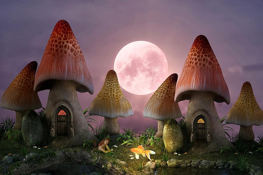 фея, фантастика, жилой дом, гриб, рыба, свет, свет луны, Луна, полнолуние, сказка, магия