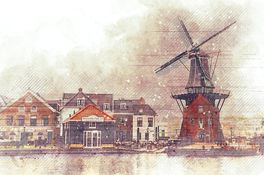 umělecká díla, větrný mlýn, řeka, malování, vizuální umění, Nizozemí, krajina, architektura, venkovský, starý, Dějiny