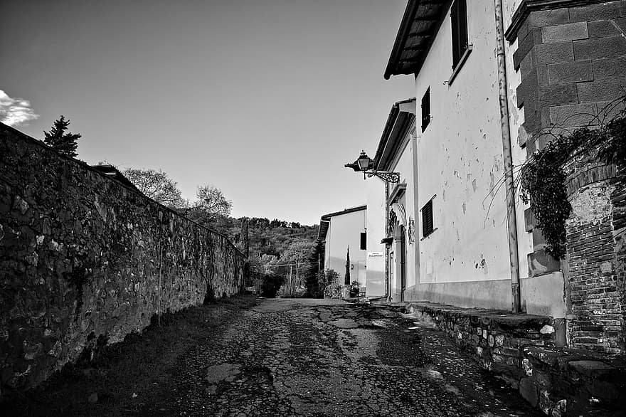 aldeia, Cidade, rua, estrada, casas, arquitetura, velho, exterior do edifício, Preto e branco, história, antiquado