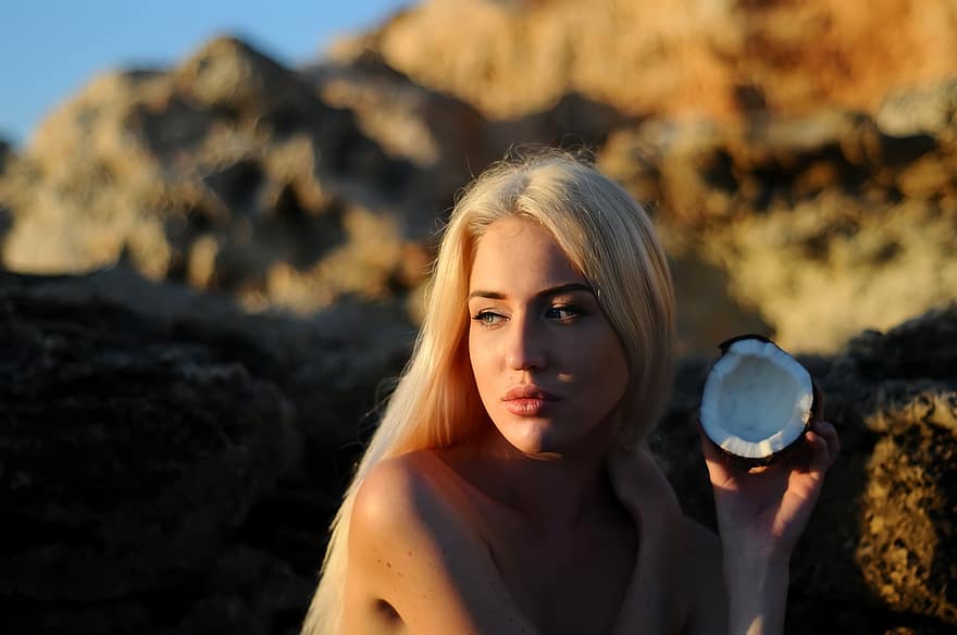 vrouw, kokosnoot, blond, model-, reclame, strand, zee