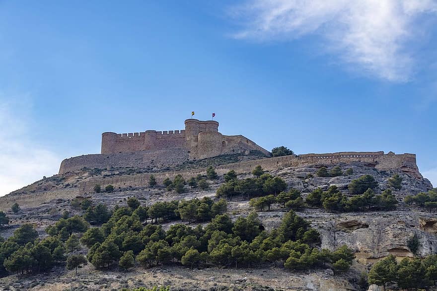 Chinchilla Slot, slot, Spanien, historisk sted, bjerg, turistattraktion, arkitektur, monument, historie, gammel, berømte sted
