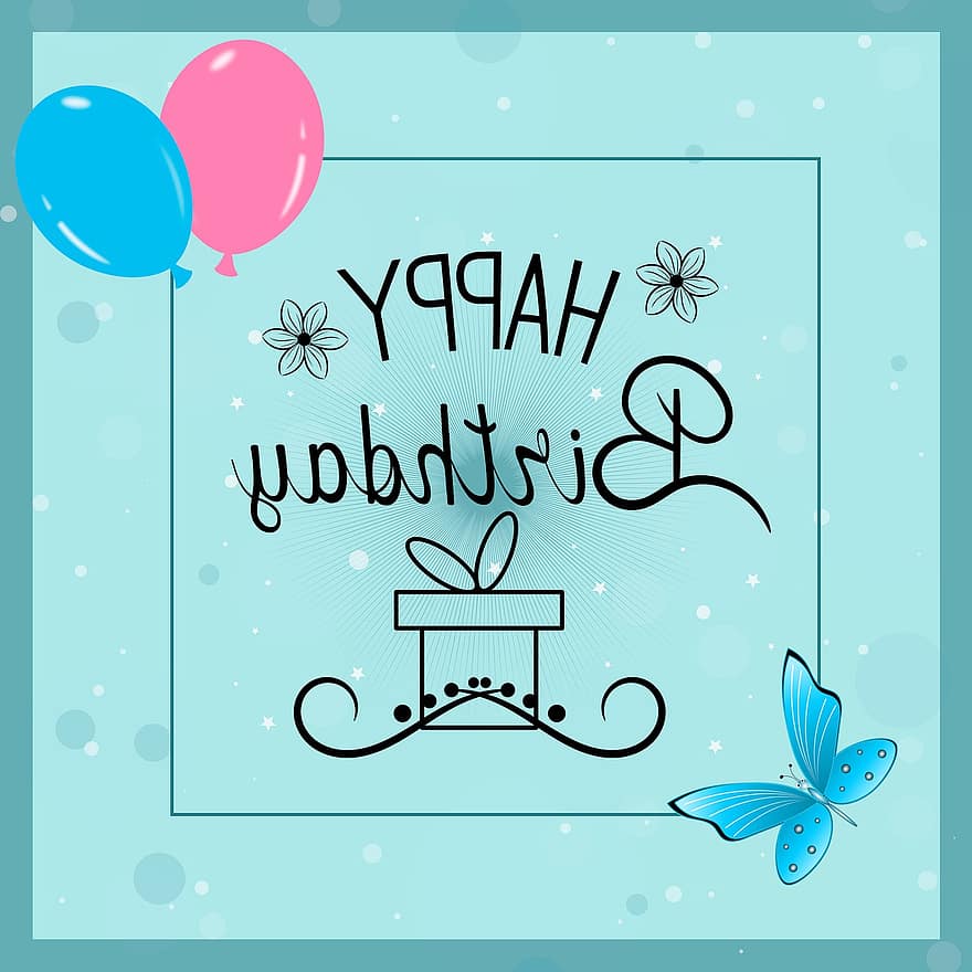Gratulerer med dagen, fødselsdag, gratulasjonskort, mal, parti, bursdagskort, design, ballonger, sommerfugl, ramme