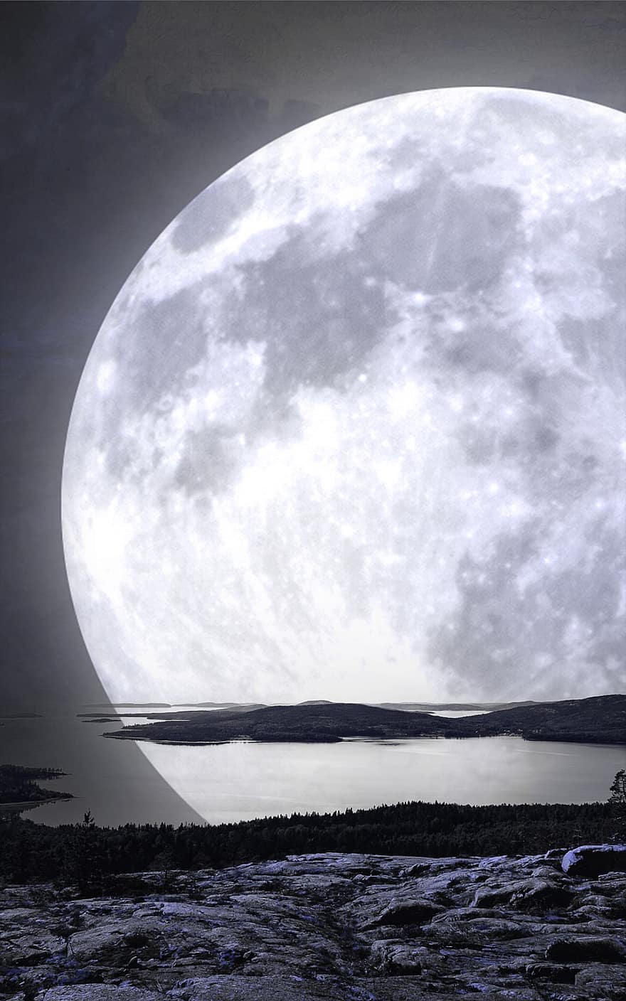 місяць, озеро, повний місяць, рефлексія, місячний, ніч, світиться, фантазія, сюрреалістичний