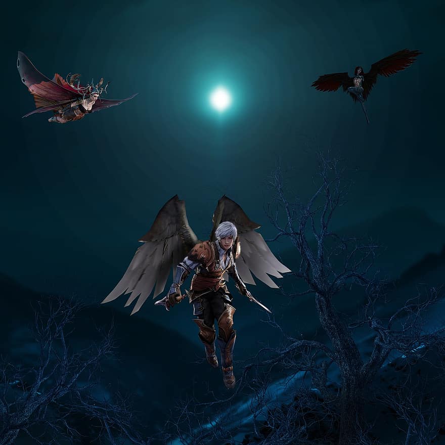 Background, Angels, Mountains, Moon, Fantasy, Angel Wings, Characters, Avatars, Digital Art