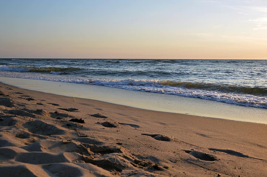 Strand, Meer, Sand, Welle, Wasser, Ozean, Fußspuren, Küste, Horizont, Sonnenuntergang, Dämmerung