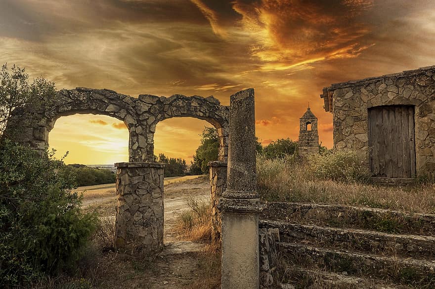 Ruins, Abandoned, Sunset, Rural, Nature, Old, Afternoon, Scenic, Holiday, Arcades, Stones