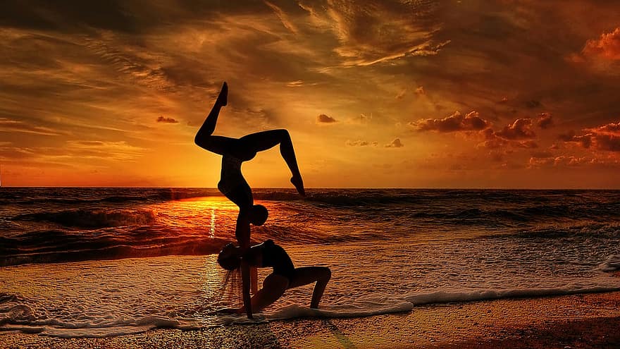 acroyoga, ioga, equilibrar, casal, Treinamento, pose, asana, fêmea, por do sol, nascer do sol, juntos