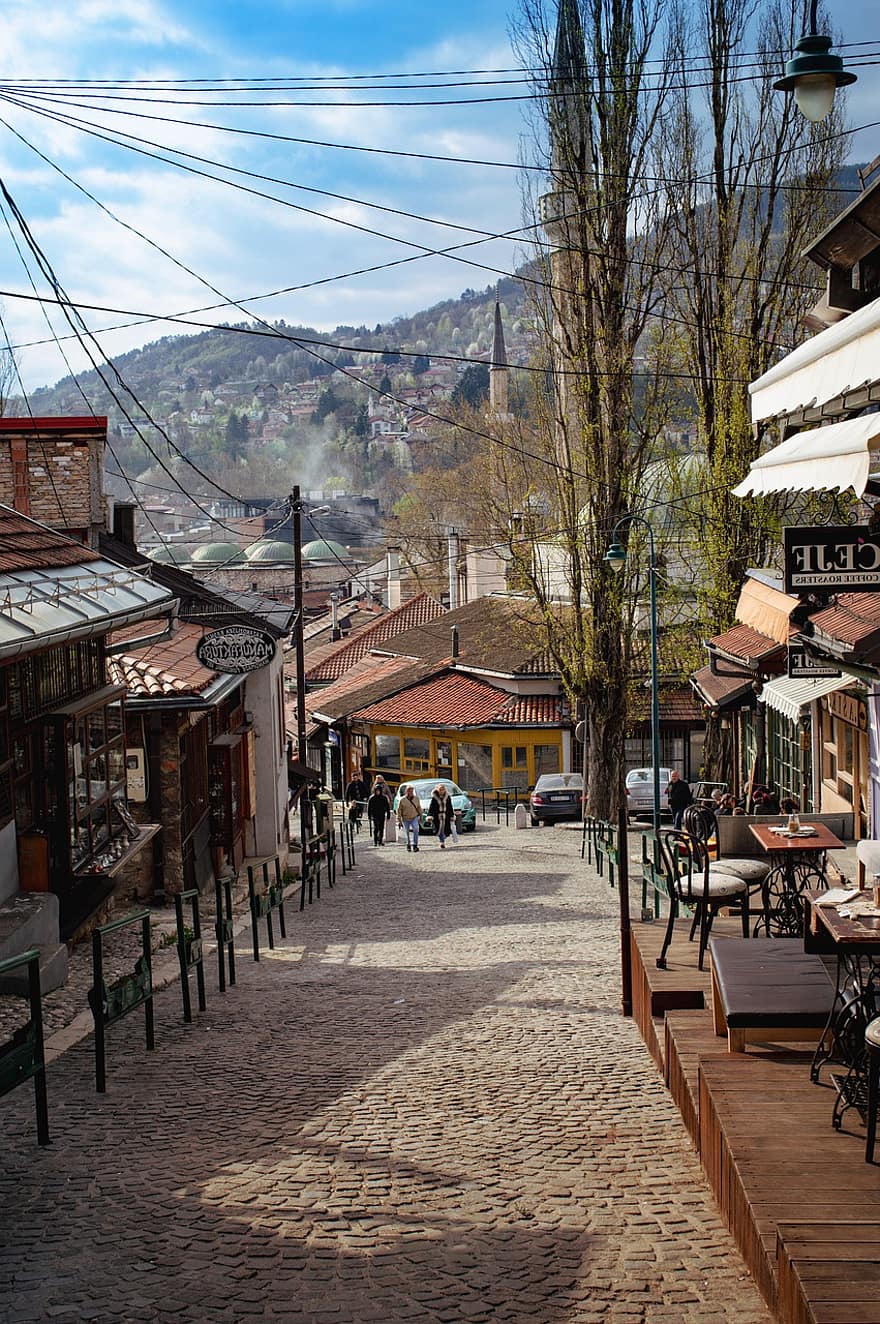通り、店舗、旧市街、バシュチャルシヤ、サラエボ、ボスニア、オールドストリート、山