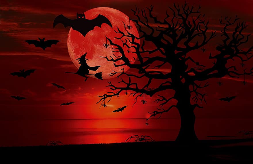 летучие мыши, дерево, Луна, Хэллоуин, жутко, полнолуние, силуэты, ночь, фильм ужасов, свет луны, пугающий