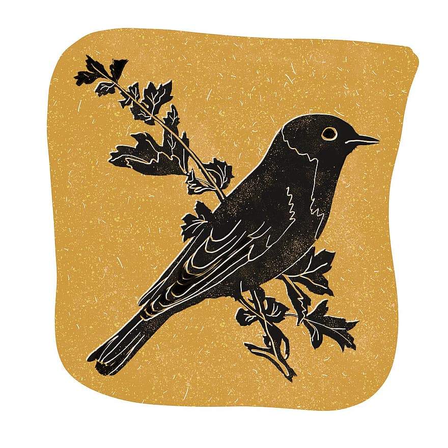 pájaro, Linograbado, Impresión de bloque, hojas, rama, minimalista, color mostaza