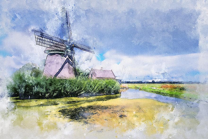 mulino a vento, stagno, nuvole, cielo, paesaggio, architettura, storicamente, acqua, mulino, riposo, Olanda