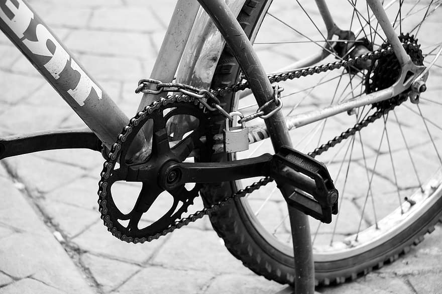 sykkel, parkert sykkel, hengelås, kjede, hjul, metall, sykling, stål, nærbilde, sport, syklus