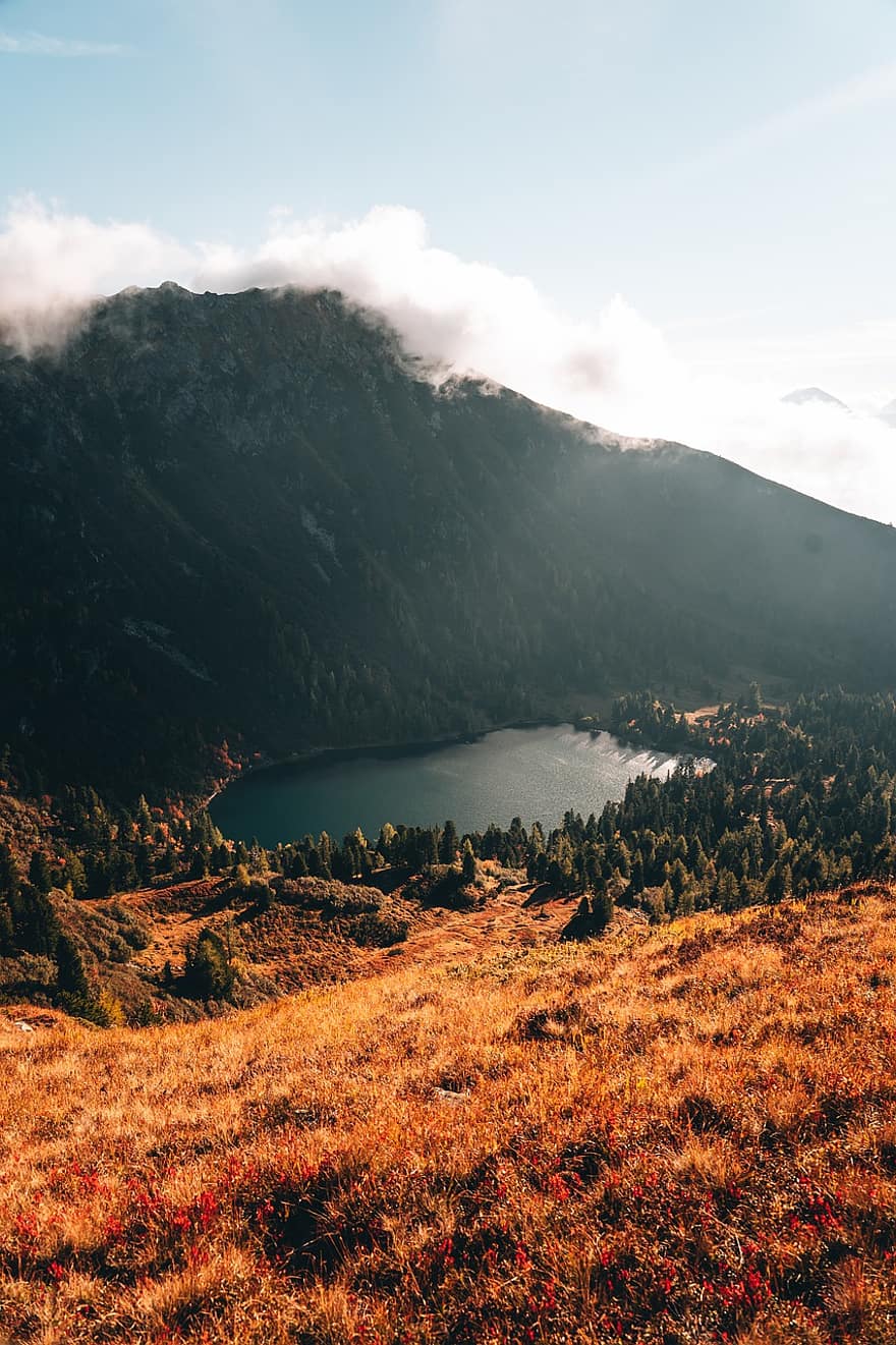 jezero, hora, Rakousko, podzim, zlatá hodina