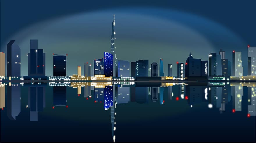 Miasto, turystyka, noc, Dubai, drapacze chmur, Budynki, pejzaż miejski, wieżowiec, miejska linia horyzontu, architektura, odbicie