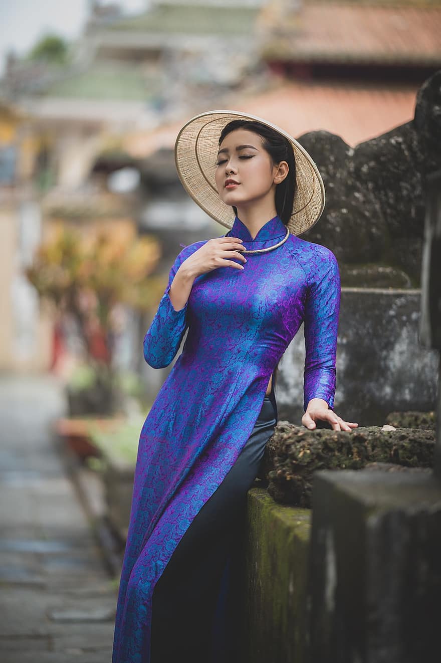ao dai, divat, nő, vietnami, Vietnami nemzeti ruha, kúpos kalap, hagyományos, szépség, szép, lány, póz
