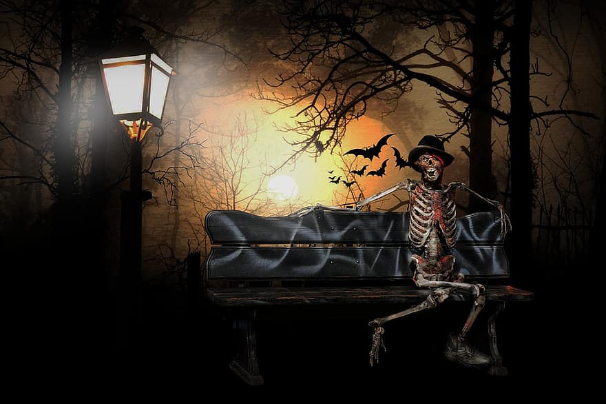 surrealista, Halloween, esquelet, bat, horripilant, místic, fantasia, divertit, llum, foscor, fotomuntatge
