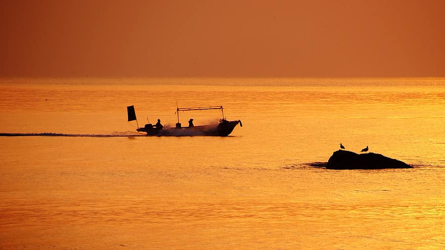 лодка, рыбаков, море, на открытом воздухе, Республика Корея, Gangneung, пляж Кёнпо, океан, путешествовать, пейзаж, заход солнца