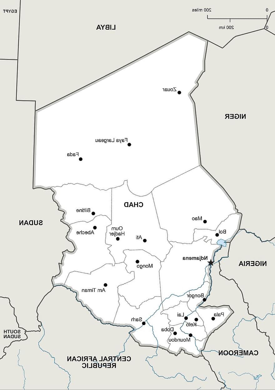 политически, карта, Чад, география, държава, карти, африка, точен, градове, град