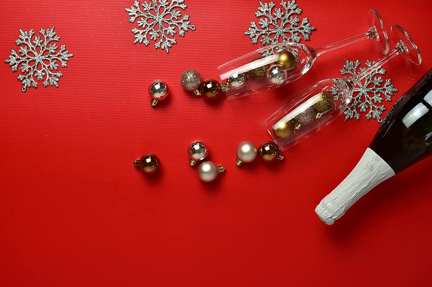 esferas, celebração, presentes, garrafa, Natal, ano Novo, torrada, champanhe, origens, fechar-se, decoração
