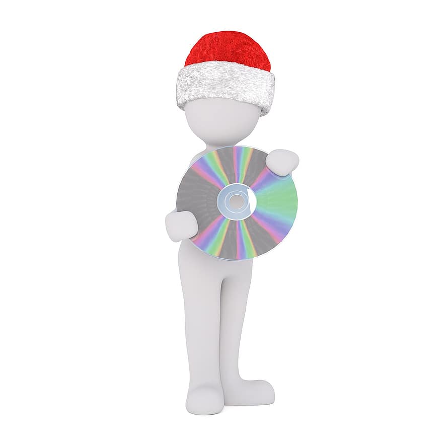 Karácsony, fehér férfi, teljes test, santa kalap, 3D-s modell, ábra, izolált, CD, DVD, kerek, zene