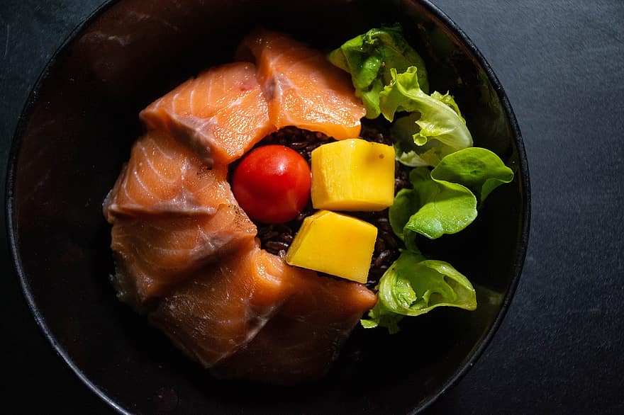 salmón, comida, plato, flatlay, vegetal, Fruta, mango