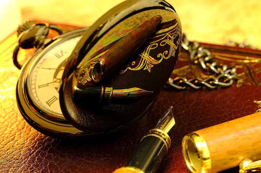 długopis, zegarek kieszonkowy, wieczne pióro, pióra atramentu, instrument do pisania, czas, Antyczny zegarek kieszonkowy, metal, antyczny, złoto, zbliżenie