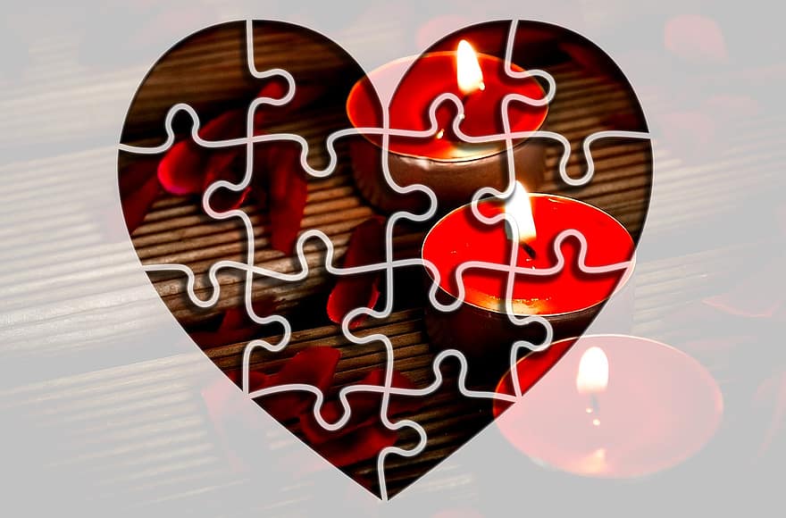 coração, enigma, velas, emoção, juntando-se, peça de quebra-cabeças, cartão, fundo, isolado