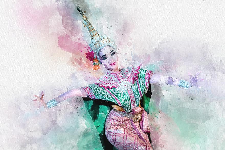 bailarín, tailandés, acuarela, disfraz, tradicion, cultura, mujer, hembra, bailando, actuación, Tailandia