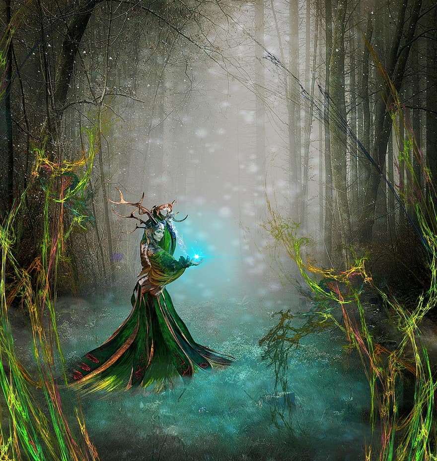 fantasi, troldkvinde, magi, mystisk, lys, tåge, Skov, træ, herrer, uhyggelig, mysterium